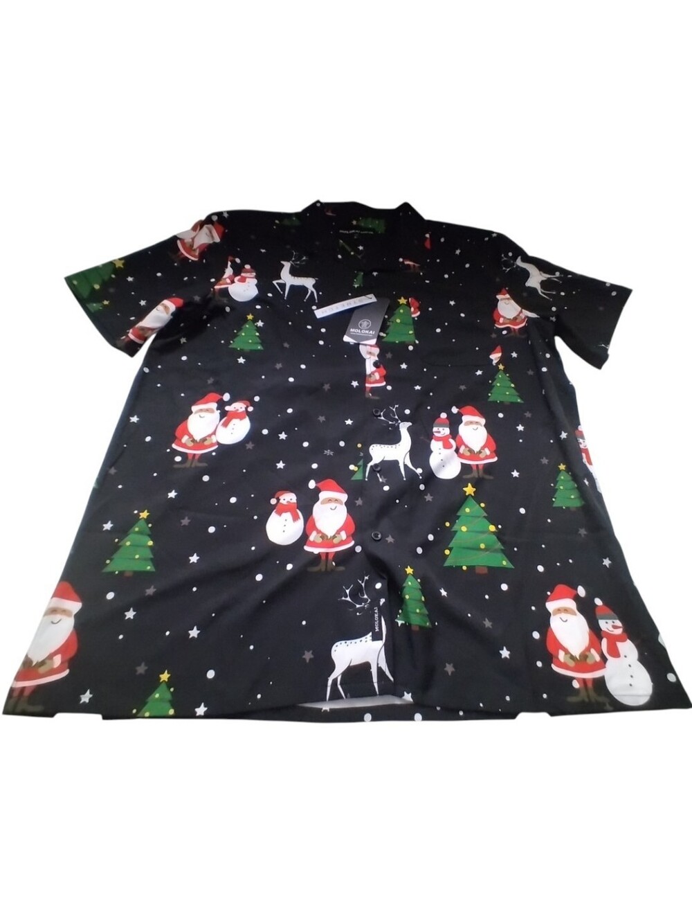 MoLokai Men's Black Holiday Print Shirt Green Trees Santa Deer Christmas New XL